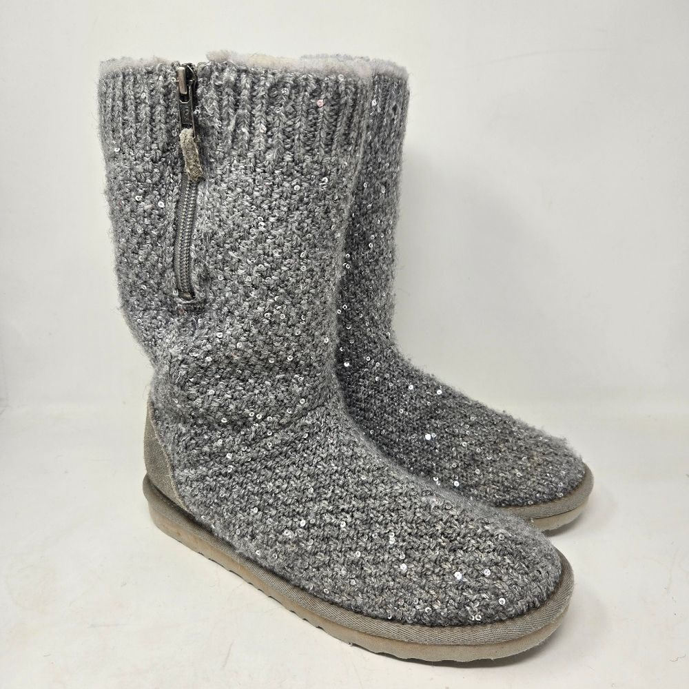 UGG Treadlite Silver Gray Sequin Knit Mid Calf Sweater Boots Shoes Size 6